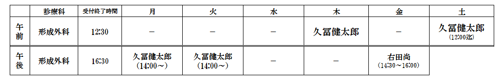 形成外科の診療担当医表